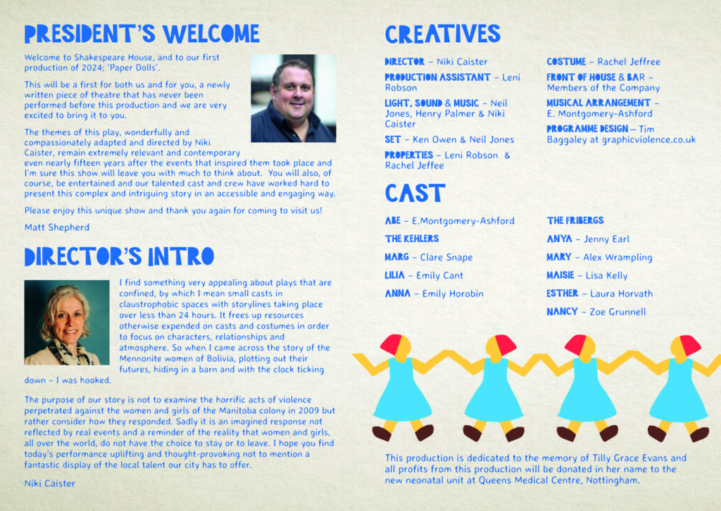 Programme centrespread for Derby Shakespeare Theatre Company's production of 'Paper Dolls'